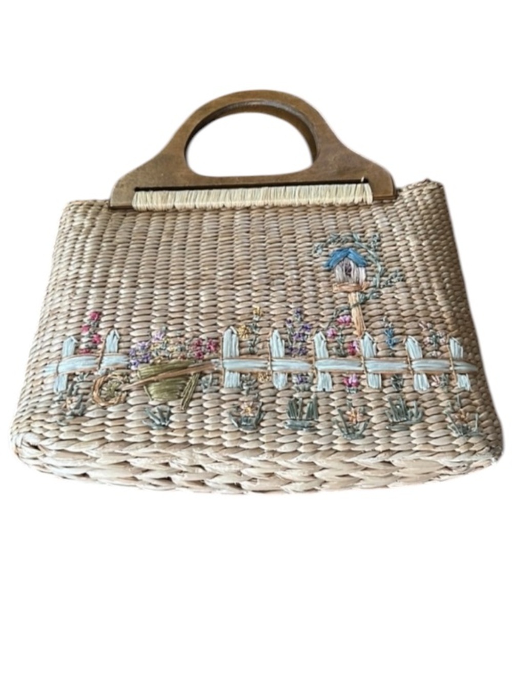 Vintage Raffia Picket Fence Wood Handles Purse Handbag
